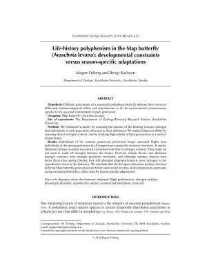 Araschnia Levana): Developmental Constraints Versus Season-Specific Adaptations
