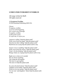 LYRICS for EVERGREEN EVERBLUE All Songs Written By