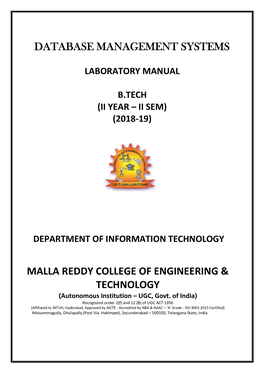 Database Management Systems Malla Reddy College of Engineering & Technology