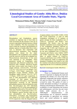 Limnological Studies of Gombe Abba River, Dukku Local Government Area of Gombe State, Nigeria