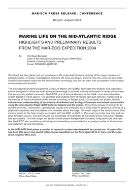 Marine Life on the Mid-Atlantic Ridge Highlights and Preliminary Results from the Mar-Eco Expedition 2004