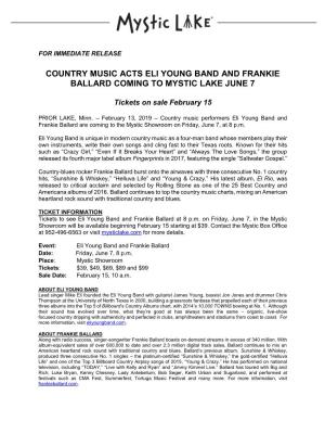 Country Music Acts Eli Young Band and Frankie Ballard Coming to Mystic Lake June 7