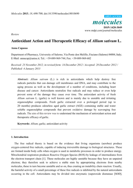 Antioxidant Action and Therapeutic Efficacy of Allium Sativum L