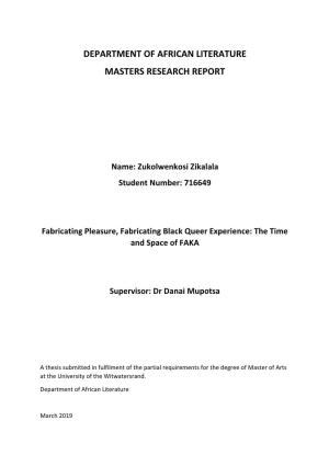 Department of African Literature Masters Research Report