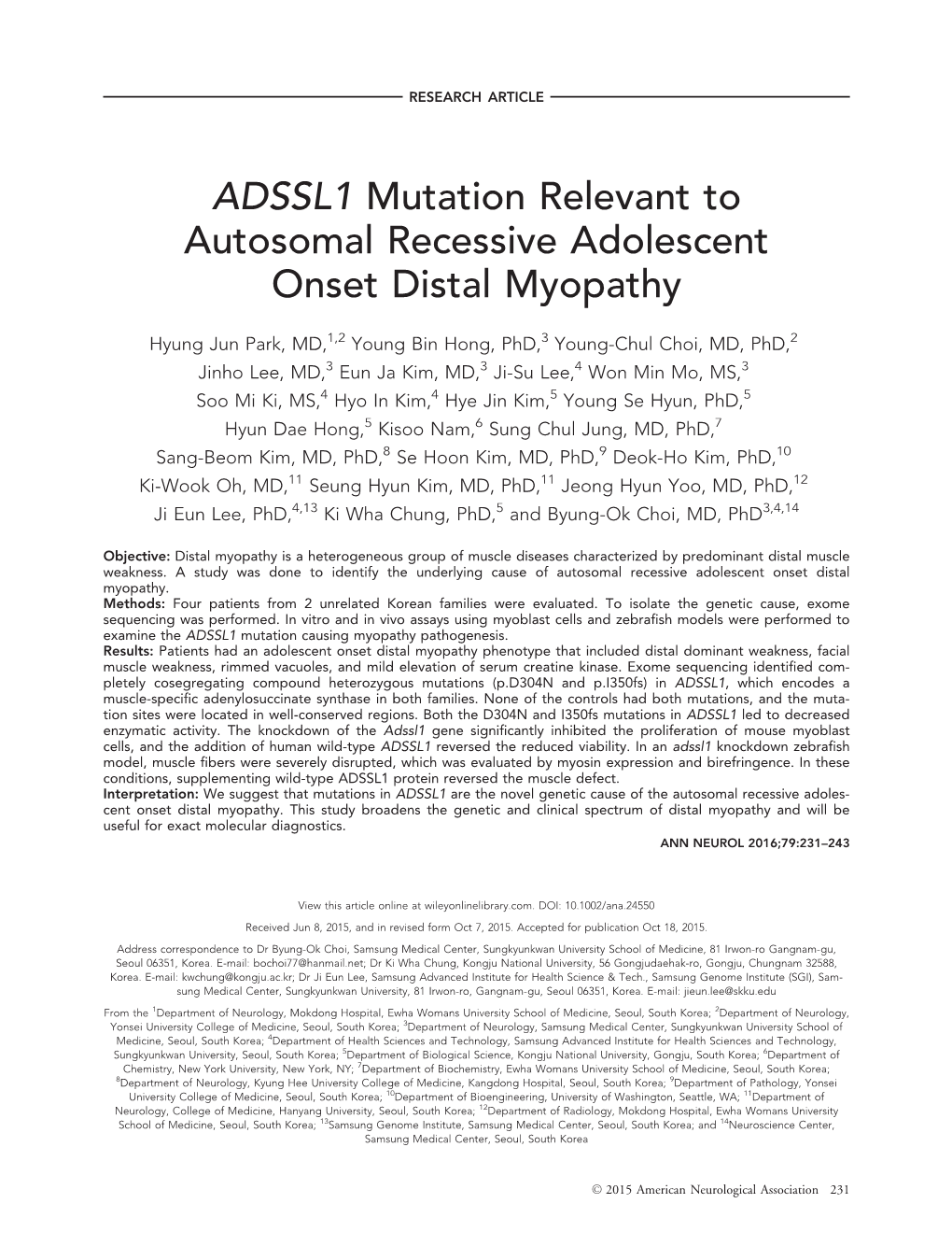 ADSSL1 Mutation Relevant to Autosomal Recessive Adolescent Onset Distal Myopathy