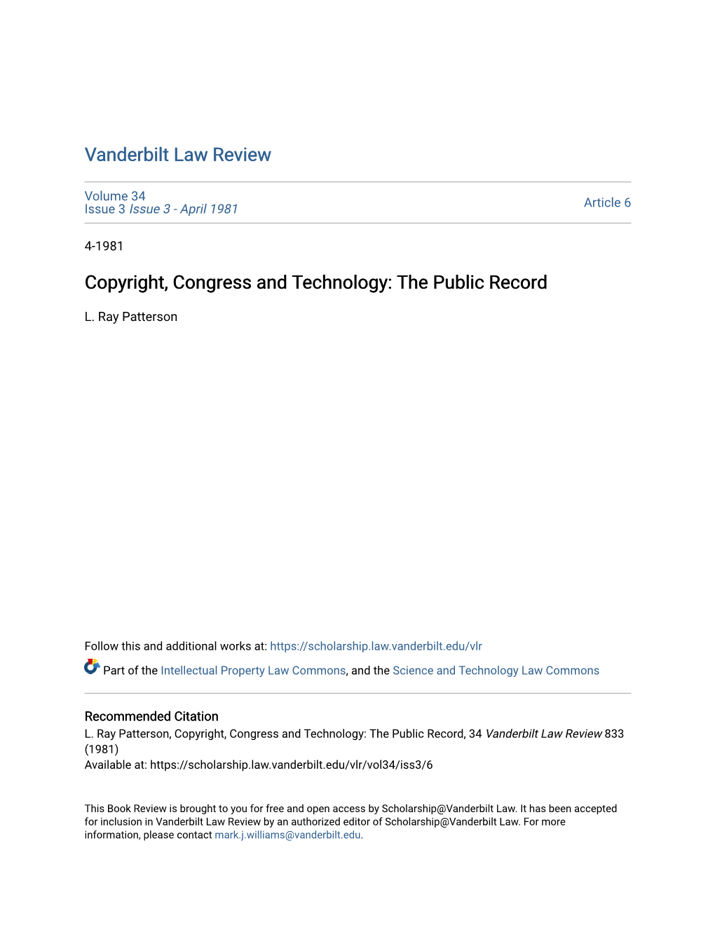 Copyright, Congress and Technology: the Public Record