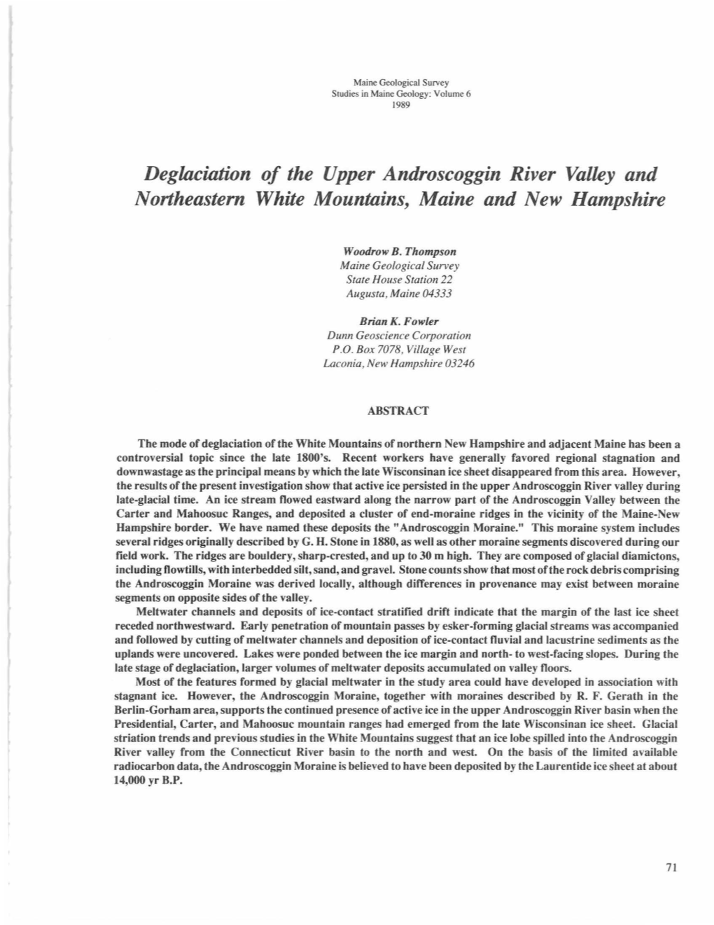 Deglaciation of the Upper Androscoggin River Valley and Northeastern White Mountains, Maine and New Hampshire