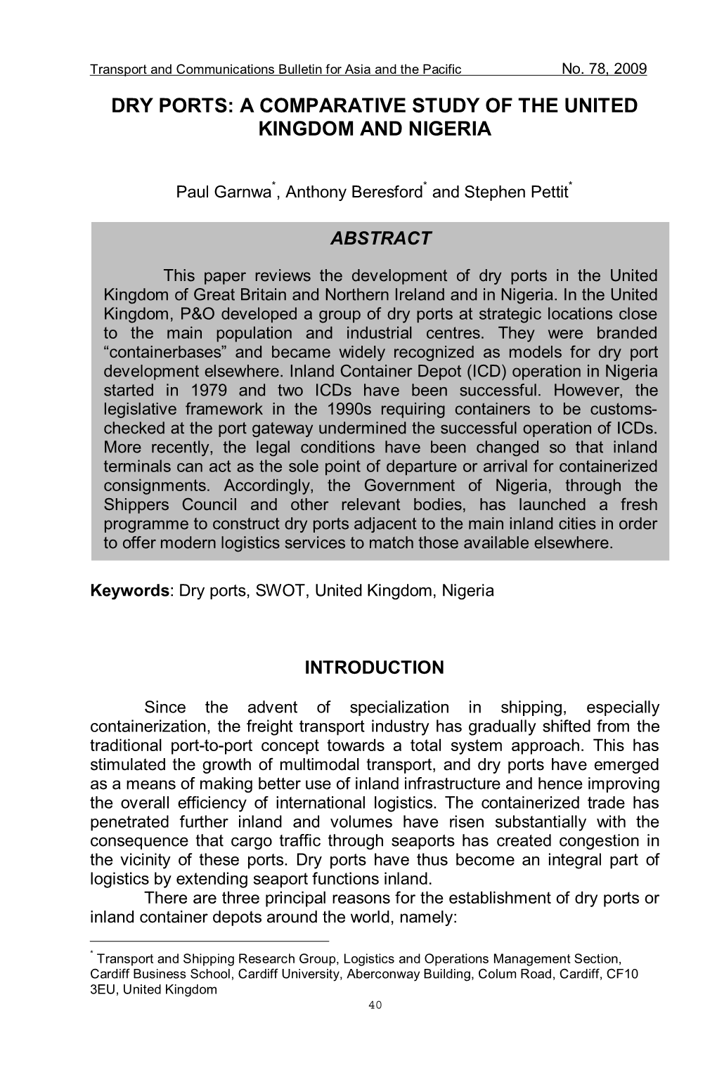 Dry Ports: a Comparative Study of the United Kingdom and Nigeria