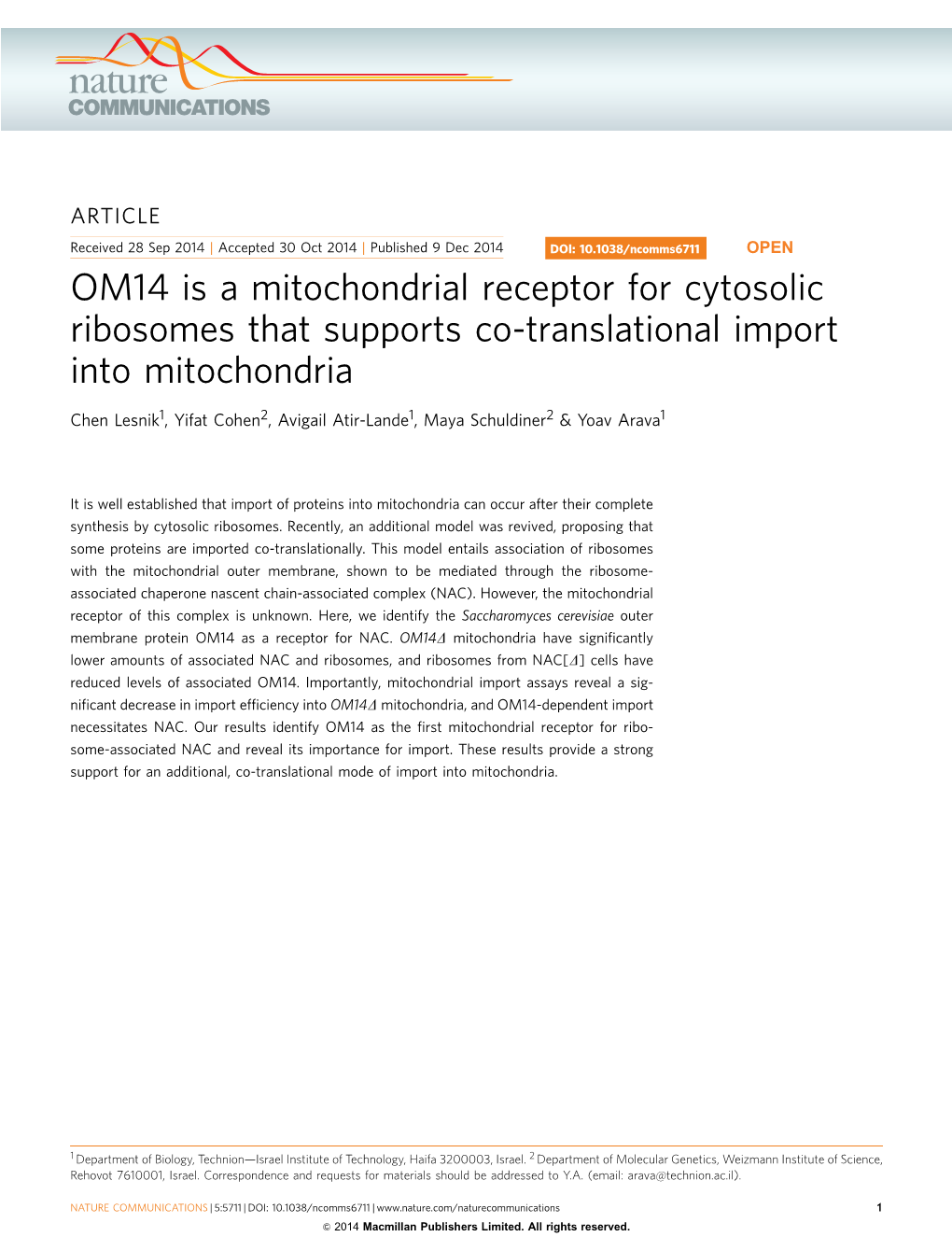 OM14 Is a Mitochondrial Receptor for Cytosolic Ribosomes That Supports Co-Translational Import Into Mitochondria