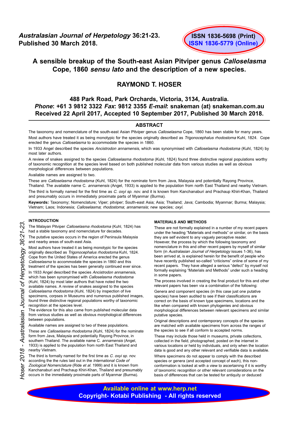 A Sensible Breakup of the South-East Asian Pitviper Genus Calloselasma Cope, 1860 Sensu Lato and the Description of a New Species