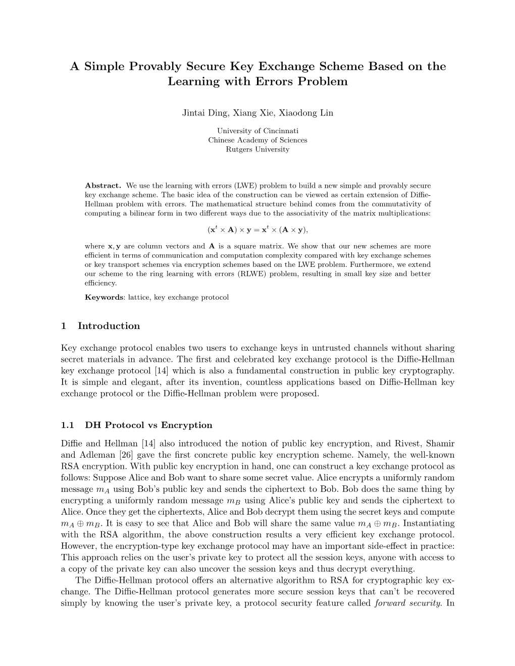 A Simple Provably Secure Key Exchange Scheme Based on the Learning with Errors Problem