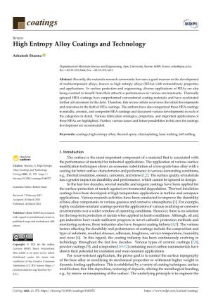 High Entropy Alloy Coatings and Technology