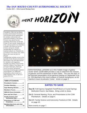 The SAN MATEO COUNTY ASTRONOMICAL SOCIETY October 2015 — 631St General Meeting Notice