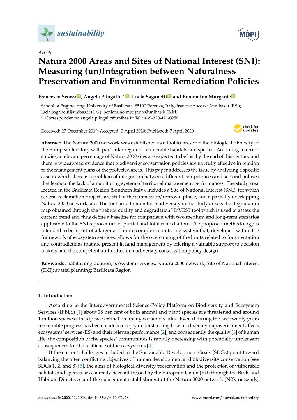 Natura 2000 Areas and Sites of National Interest (SNI): Measuring (Un)Integration Between Naturalness Preservation and Environmental Remediation Policies