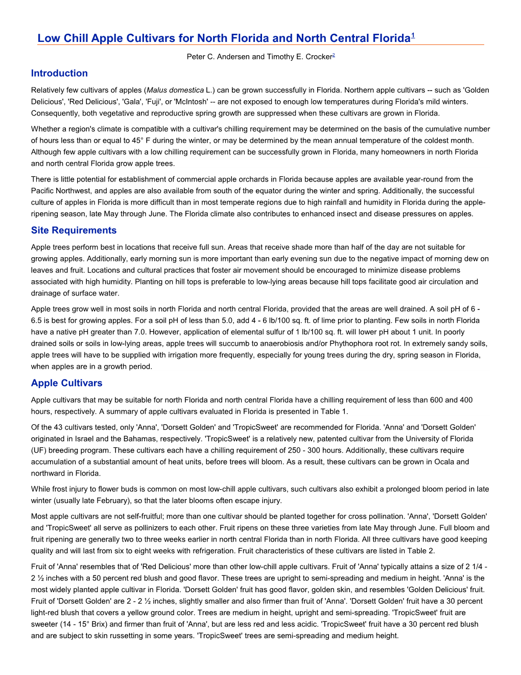 Low Chill Apple Cultivars for North Florida and North Central Florida1