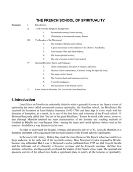 THE FRENCH SCHOOL of SPIRITUALITY Summary I