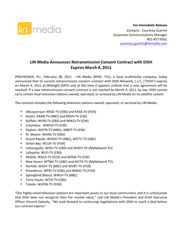 LIN Media Announces Retransmission Consent Contract with DISH Expires March 4, 2011