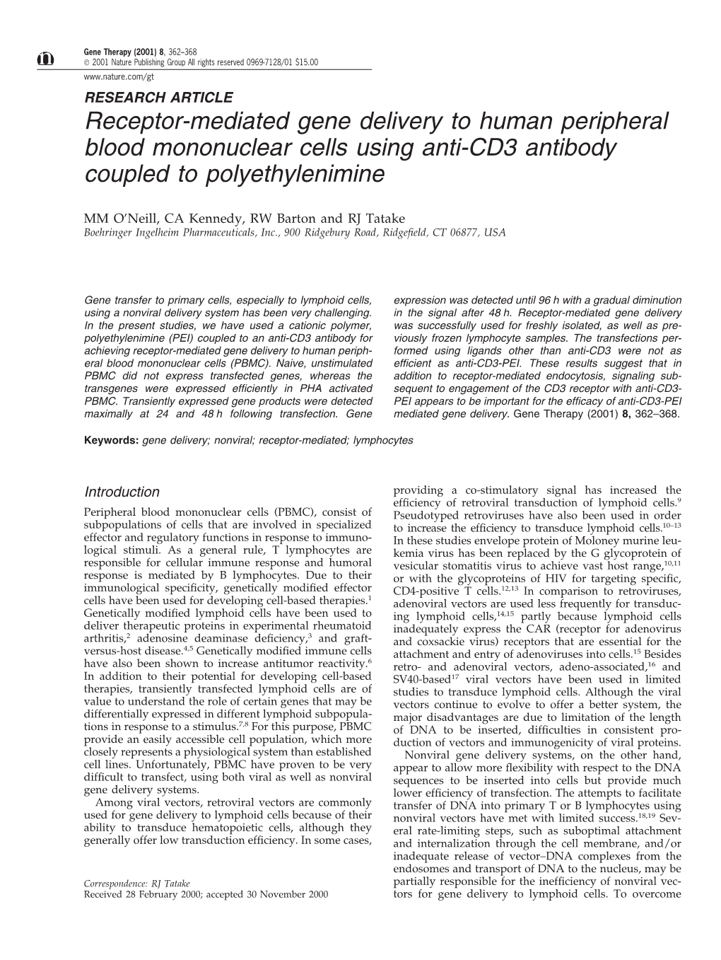 Receptor-Mediated Gene Delivery to Human Peripheral Blood Mononuclear Cells Using Anti-CD3 Antibody Coupled to Polyethylenimine