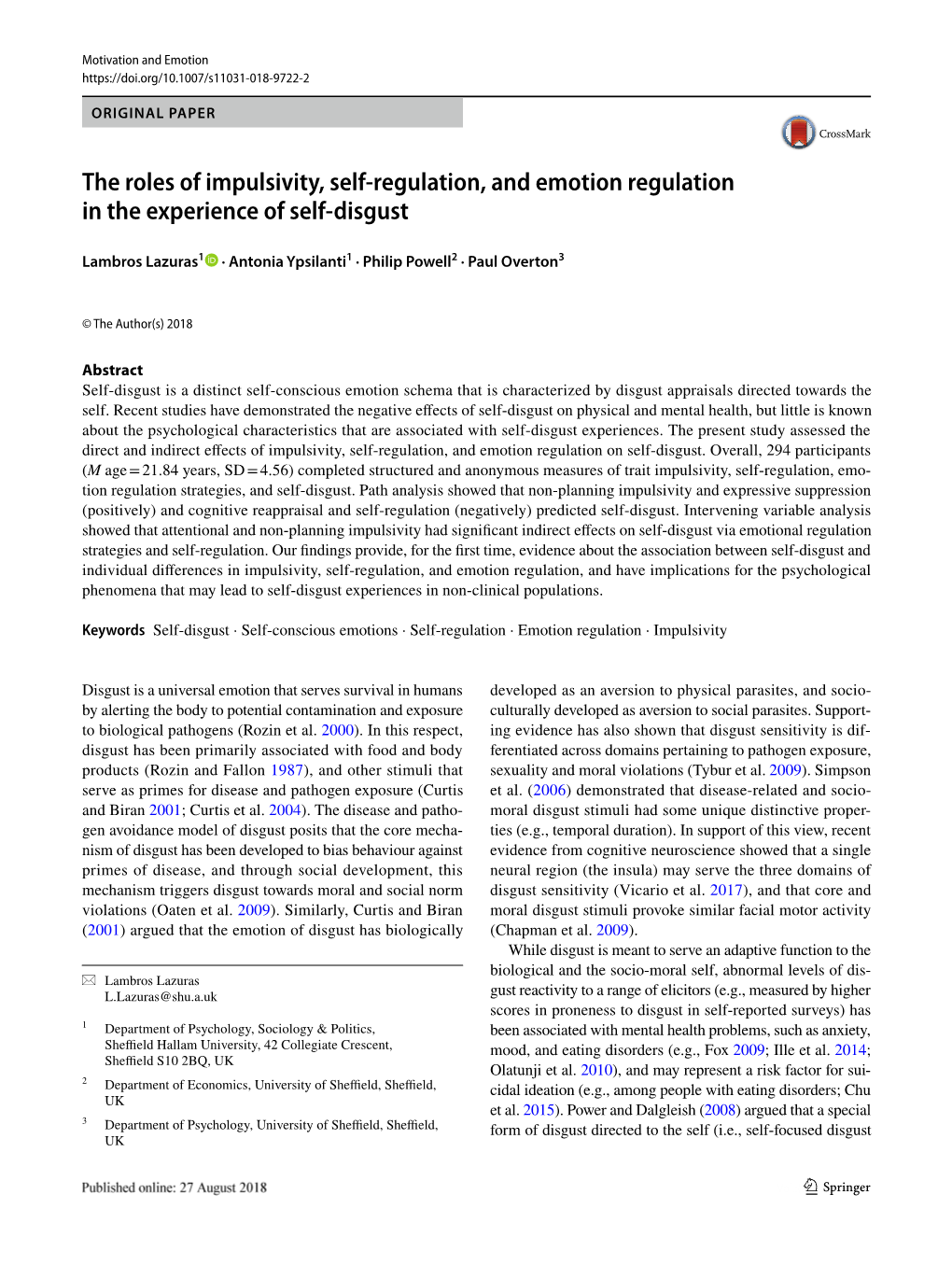 The Roles of Impulsivity, Self-Regulation, and Emotion Regulation in the Experience of Self-Disgust