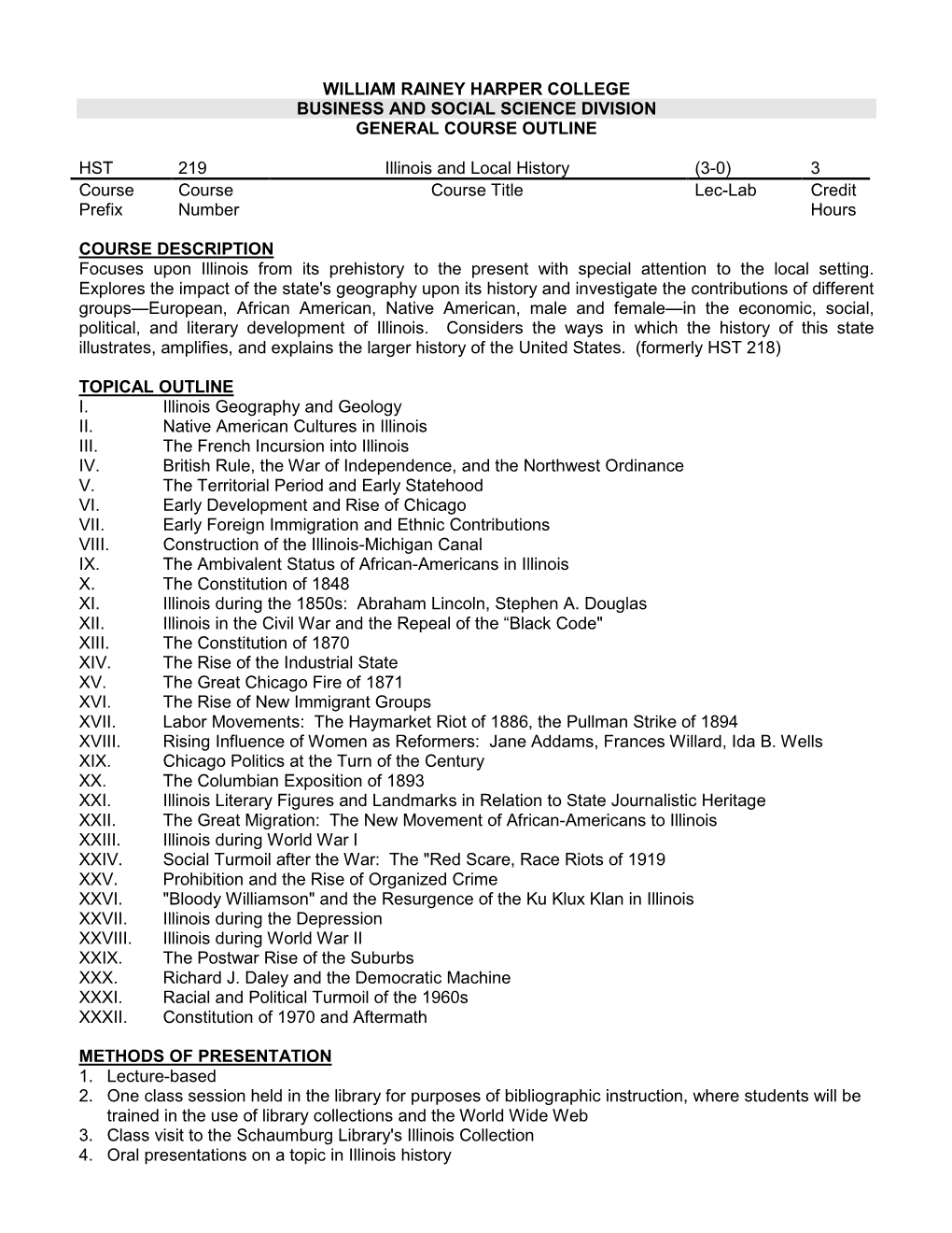 William Rainey Harper College Business and Social Science Division General Course Outline