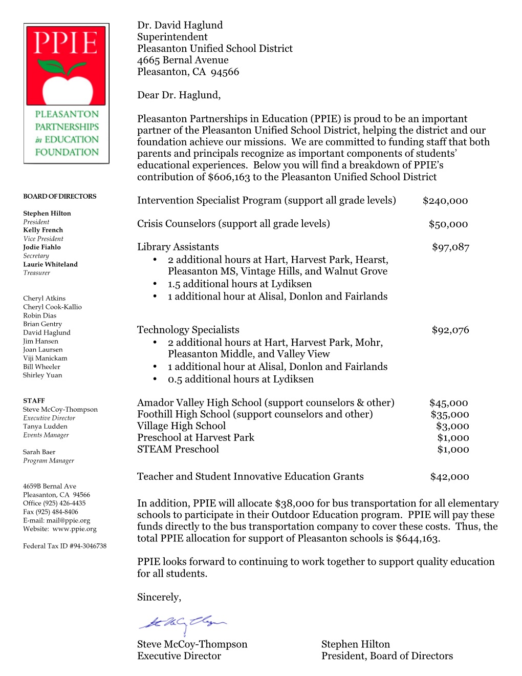 Dr. David Haglund Superintendent Pleasanton Unified School District 4665 Bernal Avenue Pleasanton, CA 94566