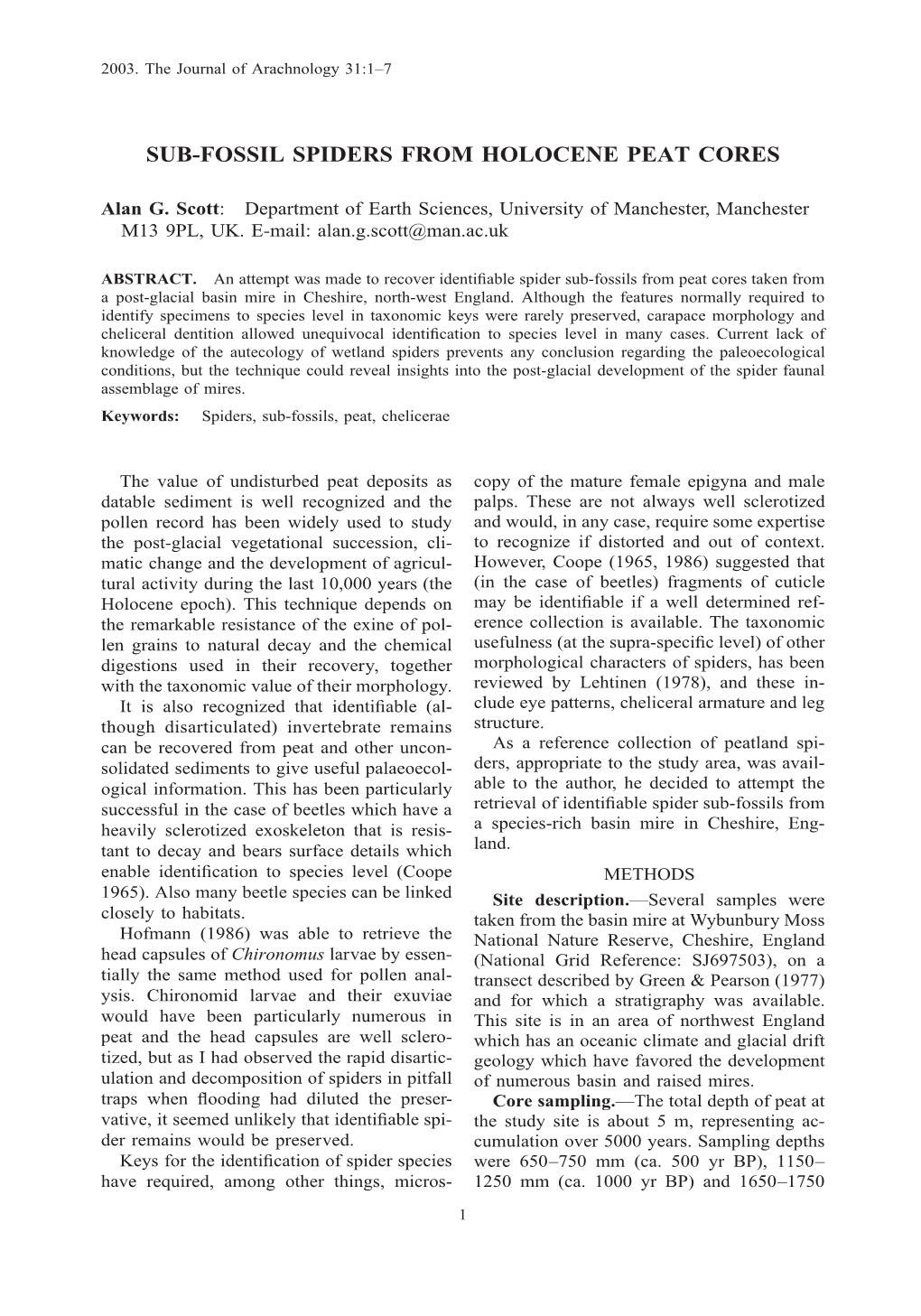 Sub-Fossil Spiders from Holocene Peat Cores