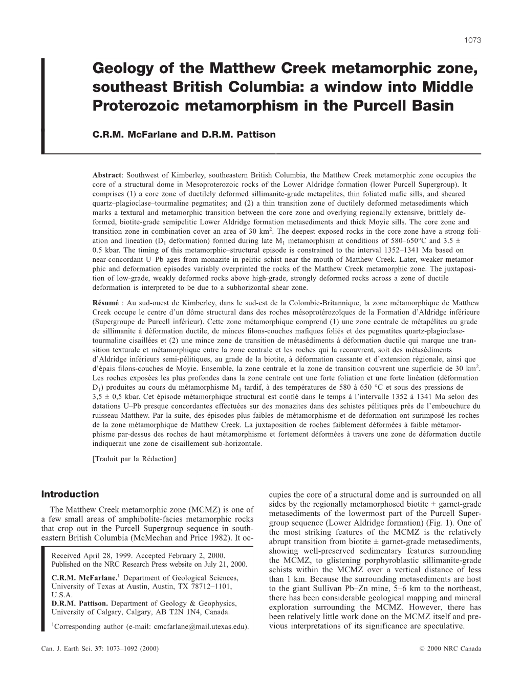 Geology of the Matthew Creek Metamorphic Zone, Southeast British Columbia: a Window Into Middle Proterozoic Metamorphism in the Purcell Basin