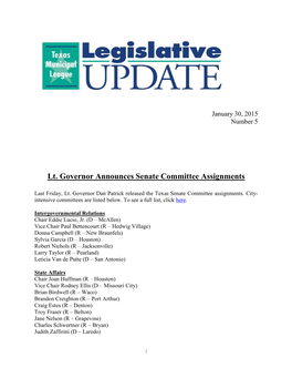 Lt. Governor Announces Senate Committee Assignments