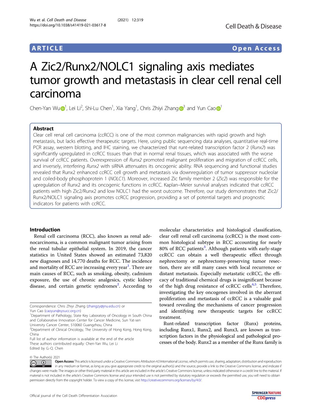 A Zic2/Runx2/NOLC1 Signaling Axis Mediates Tumor Growth And