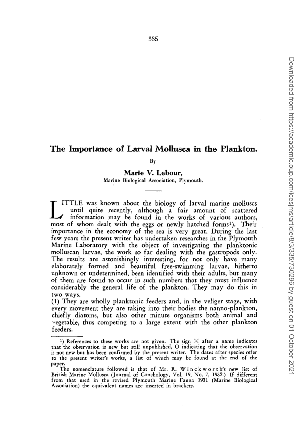 The Importance of Larval Mollusca in the Plankton. by Marie V