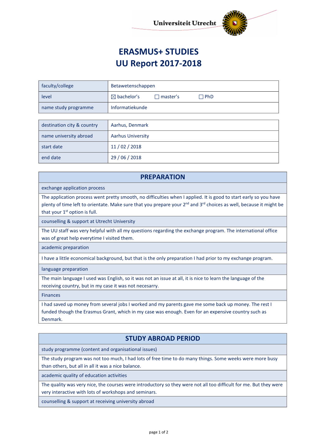 ERASMUS+ STUDIES UU Report 2017-2018