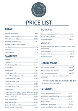Price List Bread Plate Pies