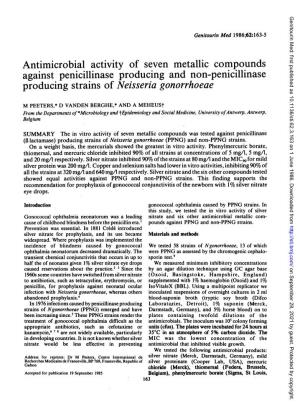 Antimicrobial Activity of Seven Metallic Compounds Against Penicillinase Producing and Non-Penicillinase Producing Strains of Neisseria Gonorrhoeae