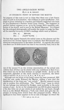 Two Anglo-Saxon Notes: [1] an Enigmatic Penny of Edward the Martyr