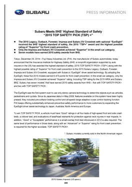Subaru Meets IIHS' Highest Standard of Safety “2015 TOP SAFETY PICK