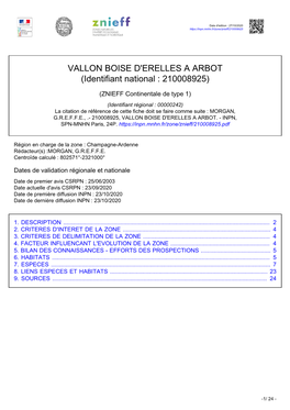 VALLON BOISE D'erelles a ARBOT (Identifiant National : 210008925)