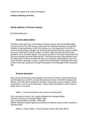 Great Authors in French Cinema Course Description Course Structure