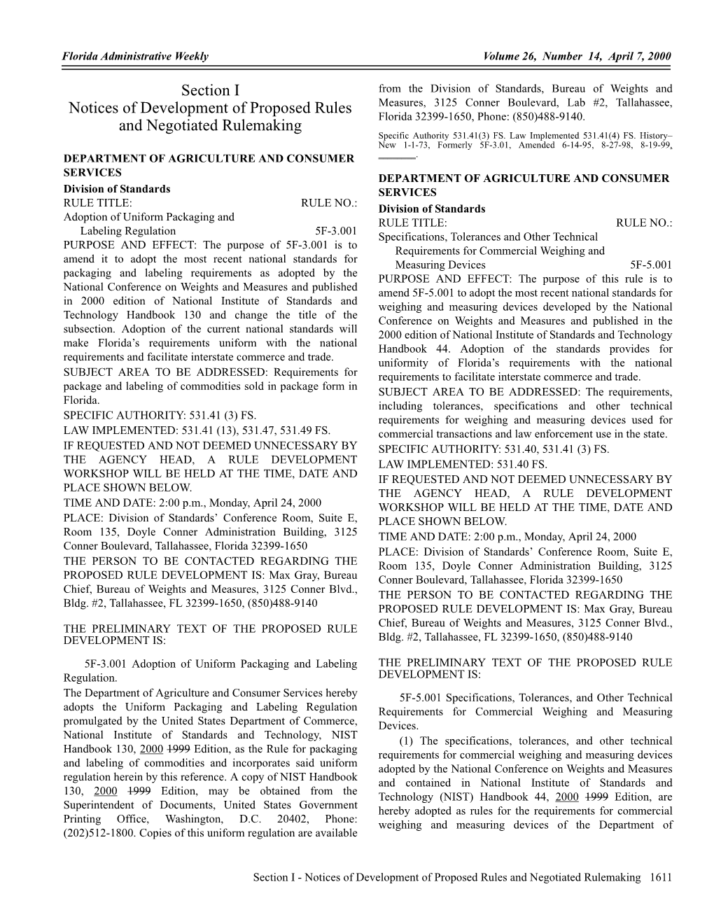 Section I Notices of Development of Proposed Rules and Negotiated