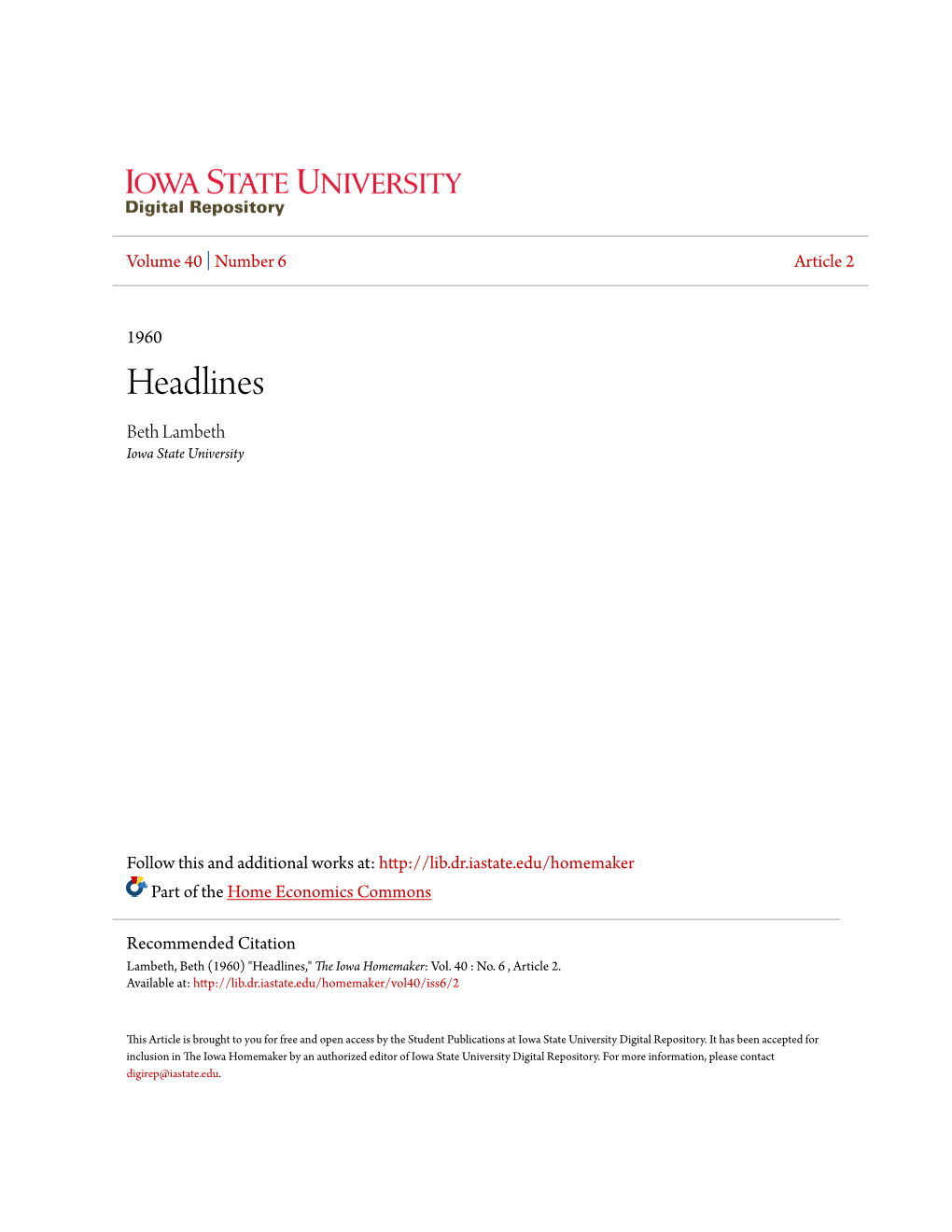 Headlines Beth Lambeth Iowa State University