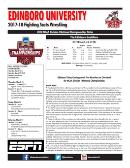 2017-18 Fighting Scots Wrestling 2018 NCAA Division I National Championships Notes the Edinboro Qualifiers 2017-18 Record -- 8-5, 5-1 EWL 2016-17 Career Wt