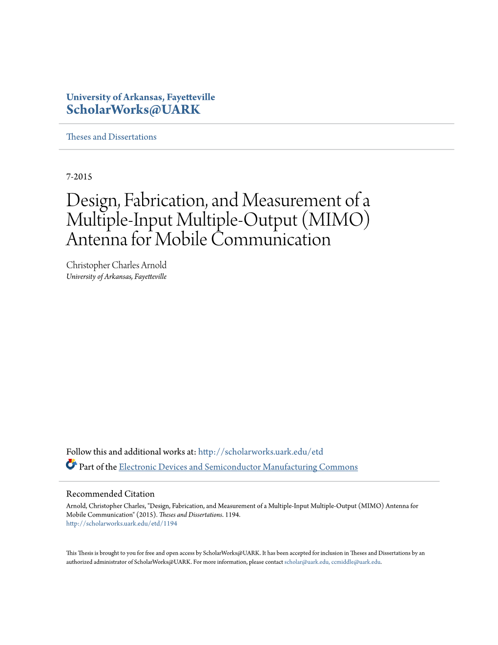 (MIMO) Antenna for Mobile Communication Christopher Charles Arnold University of Arkansas, Fayetteville