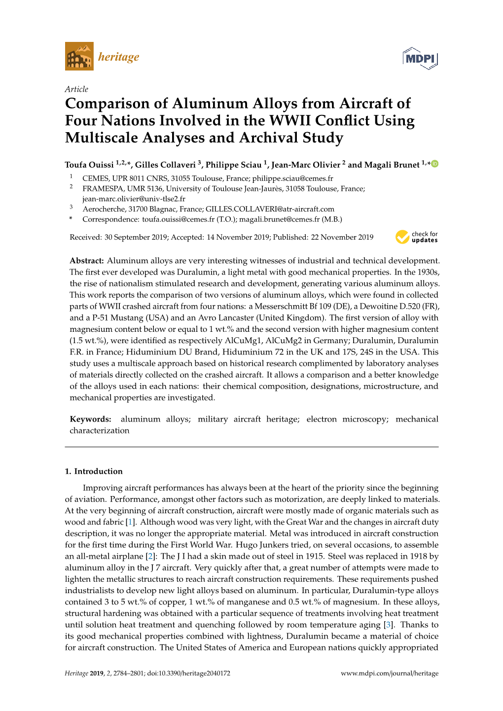 Comparison of Aluminum Alloys from Aircraft of Four Nations Involved in the WWII Conﬂict Using Multiscale Analyses and Archival Study