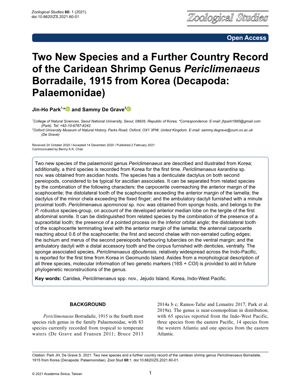 Two New Species and a Further Country Record of the Caridean Shrimp Genus Periclimenaeus Borradaile, 1915 from Korea (Decapoda: Palaemonidae)