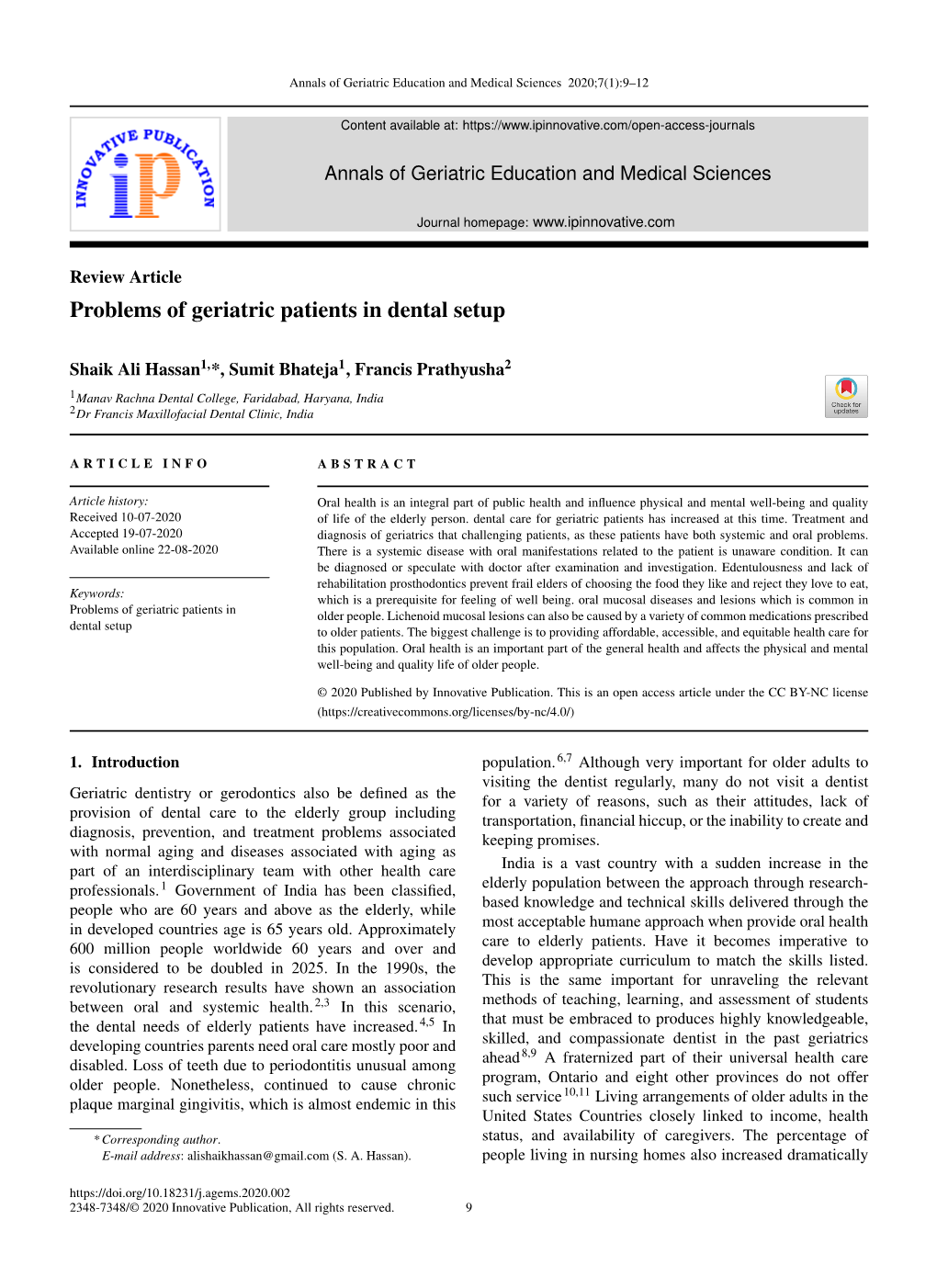 Problems of Geriatric Patients in Dental Setup