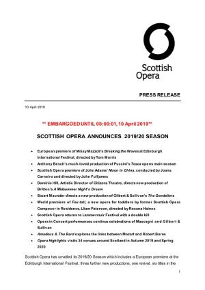Scottish Opera Announces 2019/20 Season
