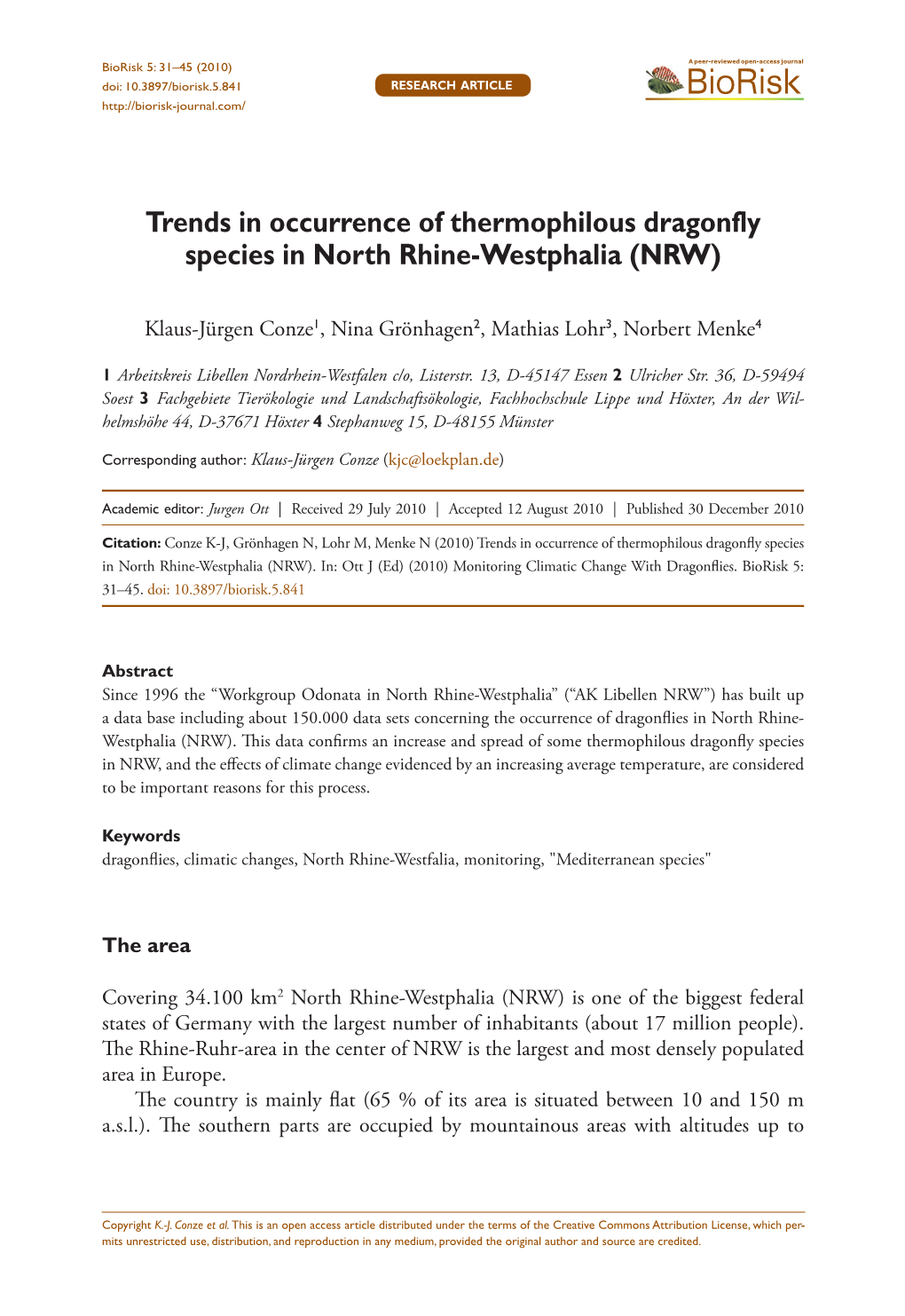 Trends in Occurrence of Thermophilous Dragonfly Species in North Rhine-Westphalia (NRW)