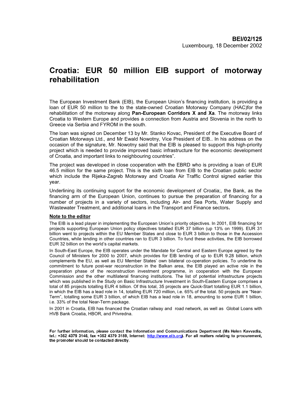 Croatia: EUR 50 Million Elb Support of Motorway Rehabilitation