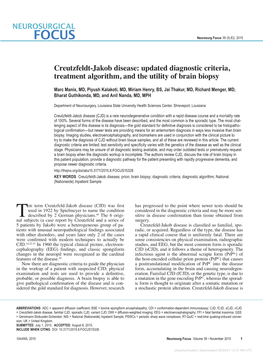 Creutzfeldt-Jakob Disease: Updated Diagnostic Criteria, Treatment Algorithm, and the Utility of Brain Biopsy