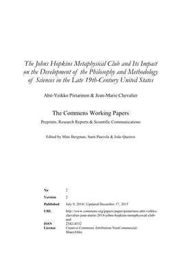 The Johns Hopkins Metaphysical Club and Its Impact on the Development of the Philosophy and Methodology of Sciences in the Late 19Th-Century United States