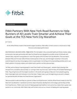 Fitbit Partners with New York Road Runners to Help Runners of All Levels Train Smarter and Achieve Their Goals at the TCS New York City Marathon